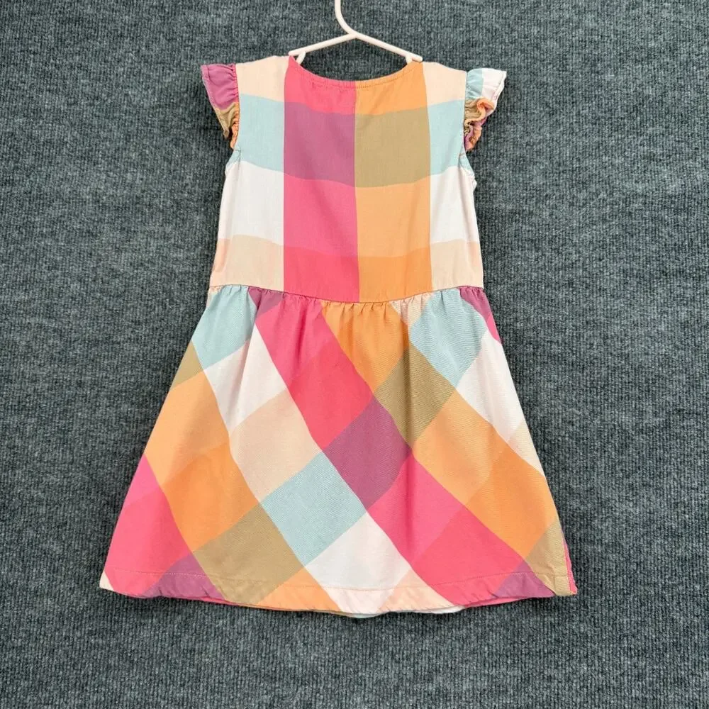 Carters Girls Plaid Flutter Sleeve Dress Size 4T Pink Blue Cotton Viscose Ruffle